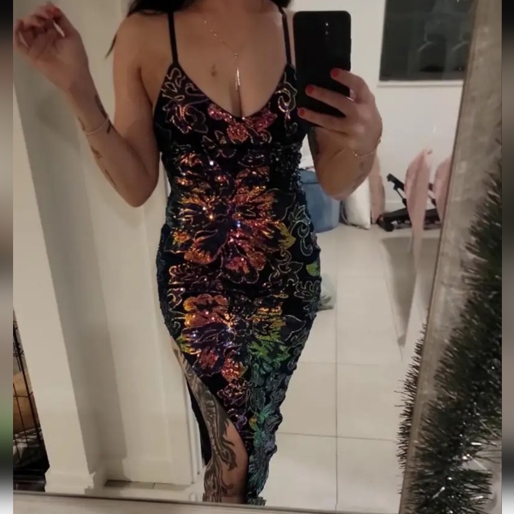 Rainbow Iridescent Sequin Floral Midi Dress W/Deep V Neck & High Thigh Split (S) - Picture 8 of 10